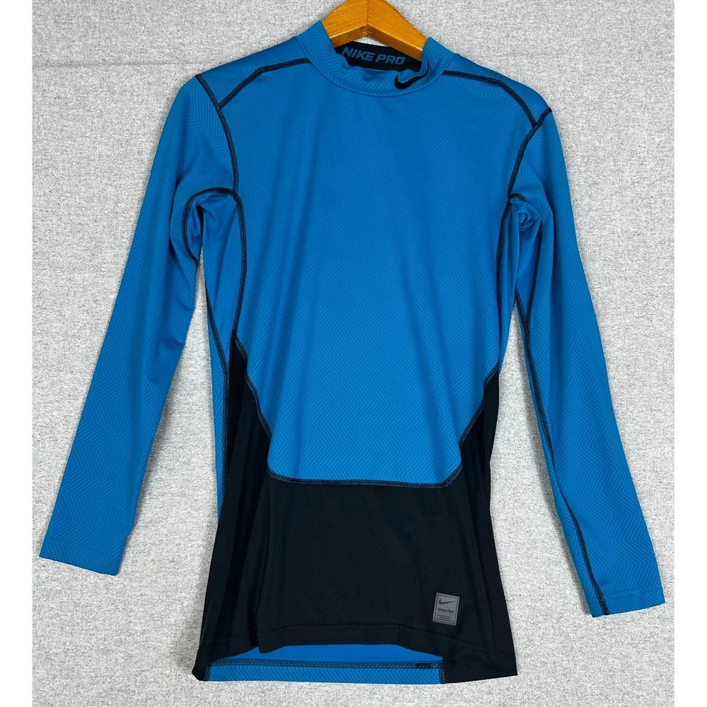 Nike Pro Warm Lite Mock Neck Shirt Mens Large Blue Black Compression Base Layer